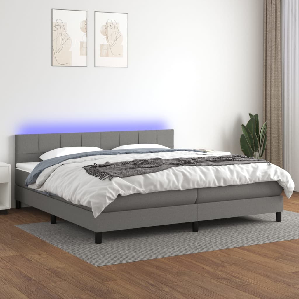 sötétszürke szövet rugós és LED-es ágy matraccal 200x200 cm