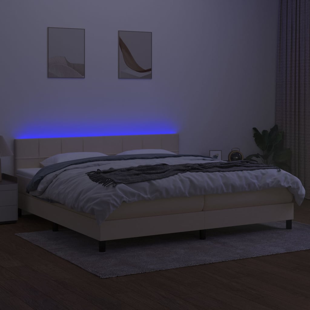 krémszínű szövet rugós és LED-es ágy matraccal 200 x 200 cm