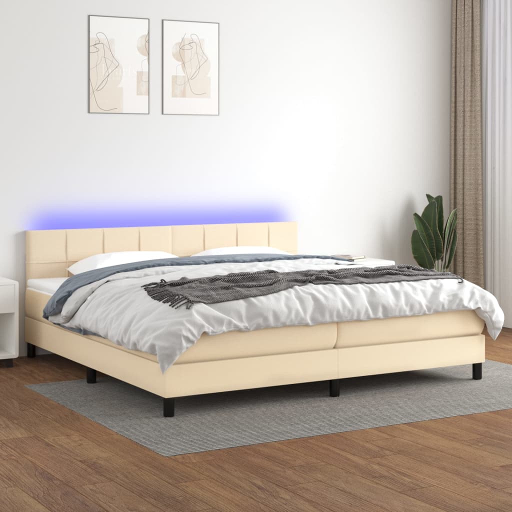 krémszínű szövet rugós és LED-es ágy matraccal 200 x 200 cm