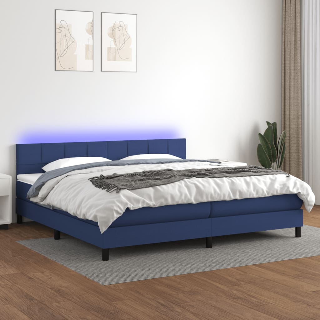 kék szövet rugós és LED-es ágy matraccal 200 x 200 cm