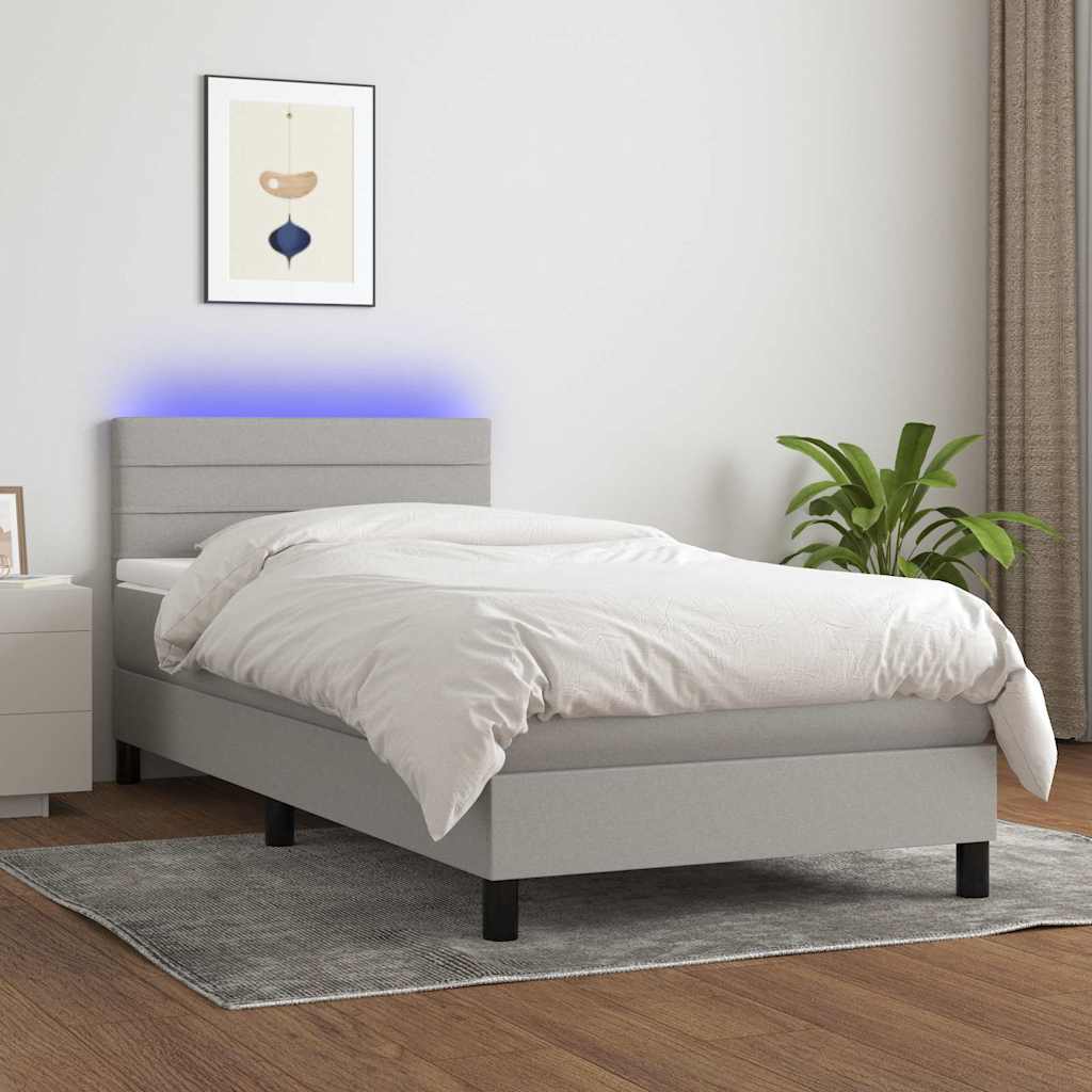 világosszürke szövet rugós és LED-es ágy matraccal 80 x 200 cm