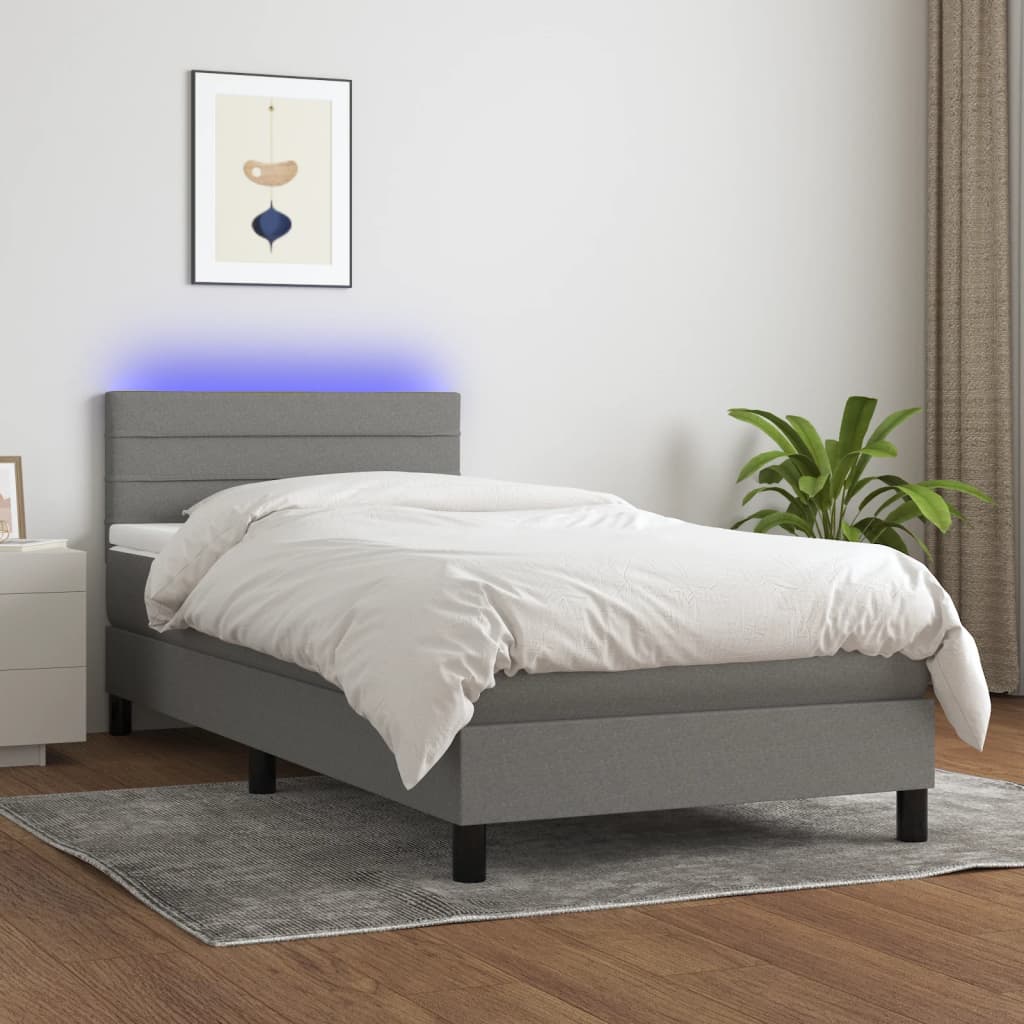sötétszürke szövet rugós és LED-es ágy matraccal 90x190 cm