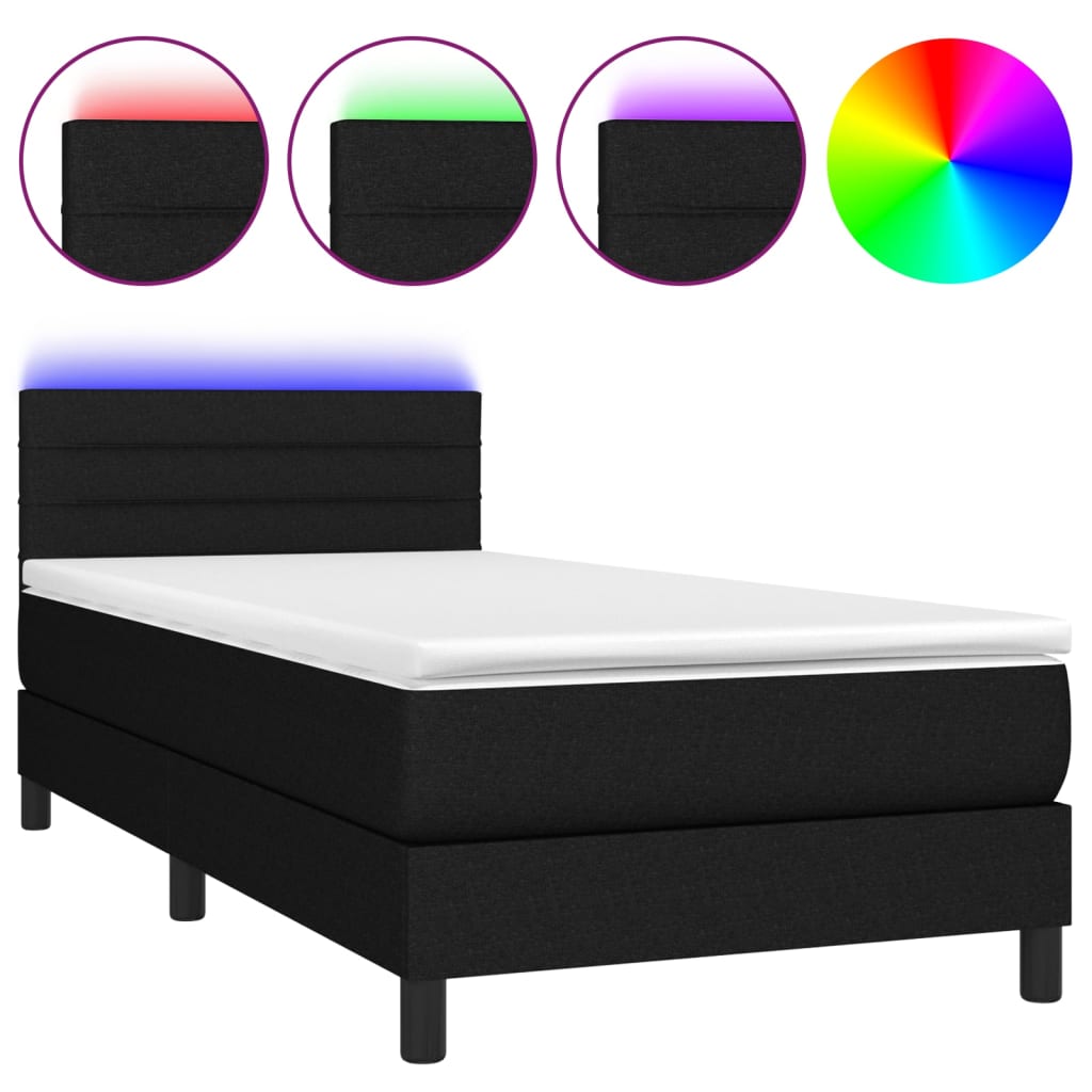 fekete szövet rugós és LED-es ágy matraccal 90x190 cm