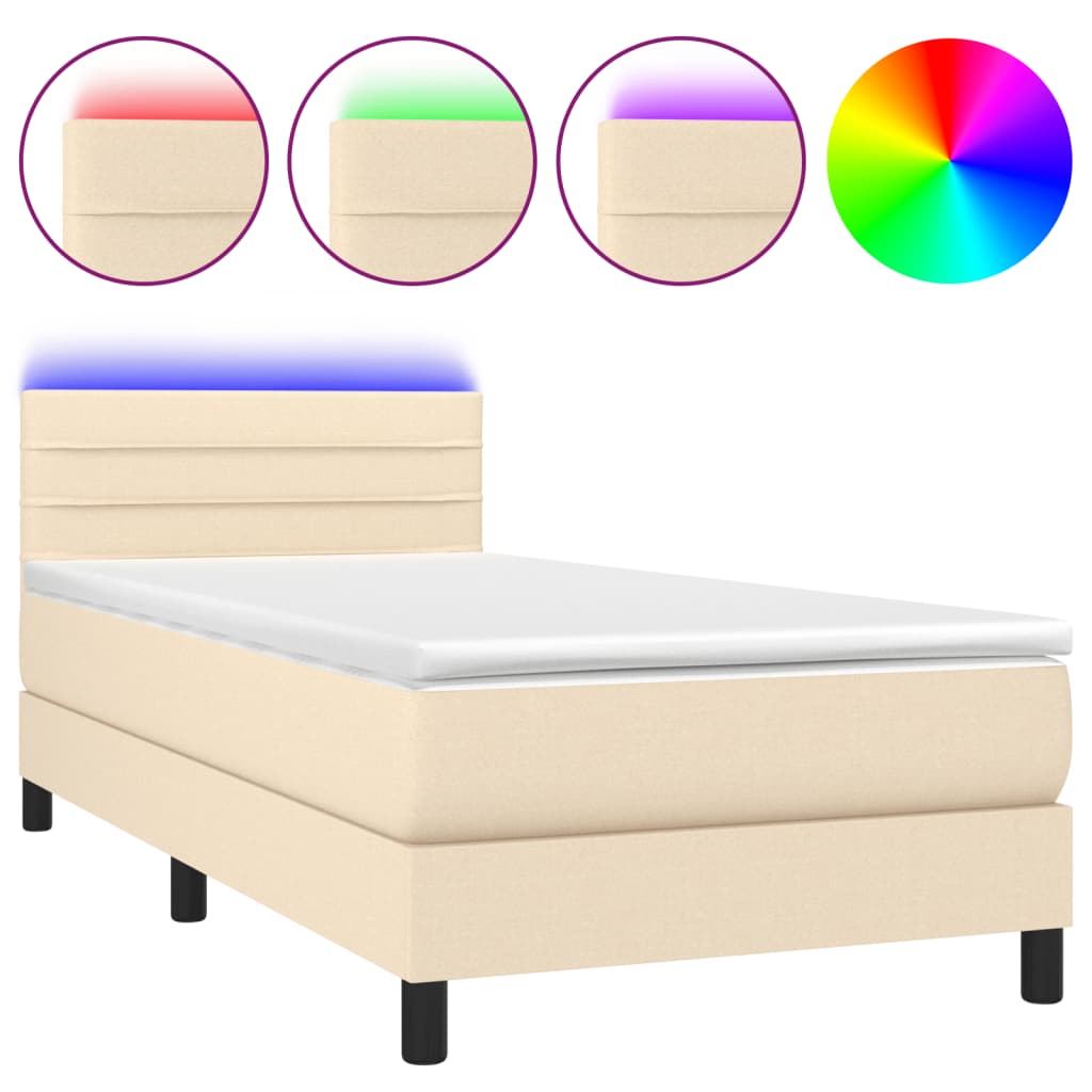 krémszínű szövet rugós és LED-es ágy matraccal 90x190 cm