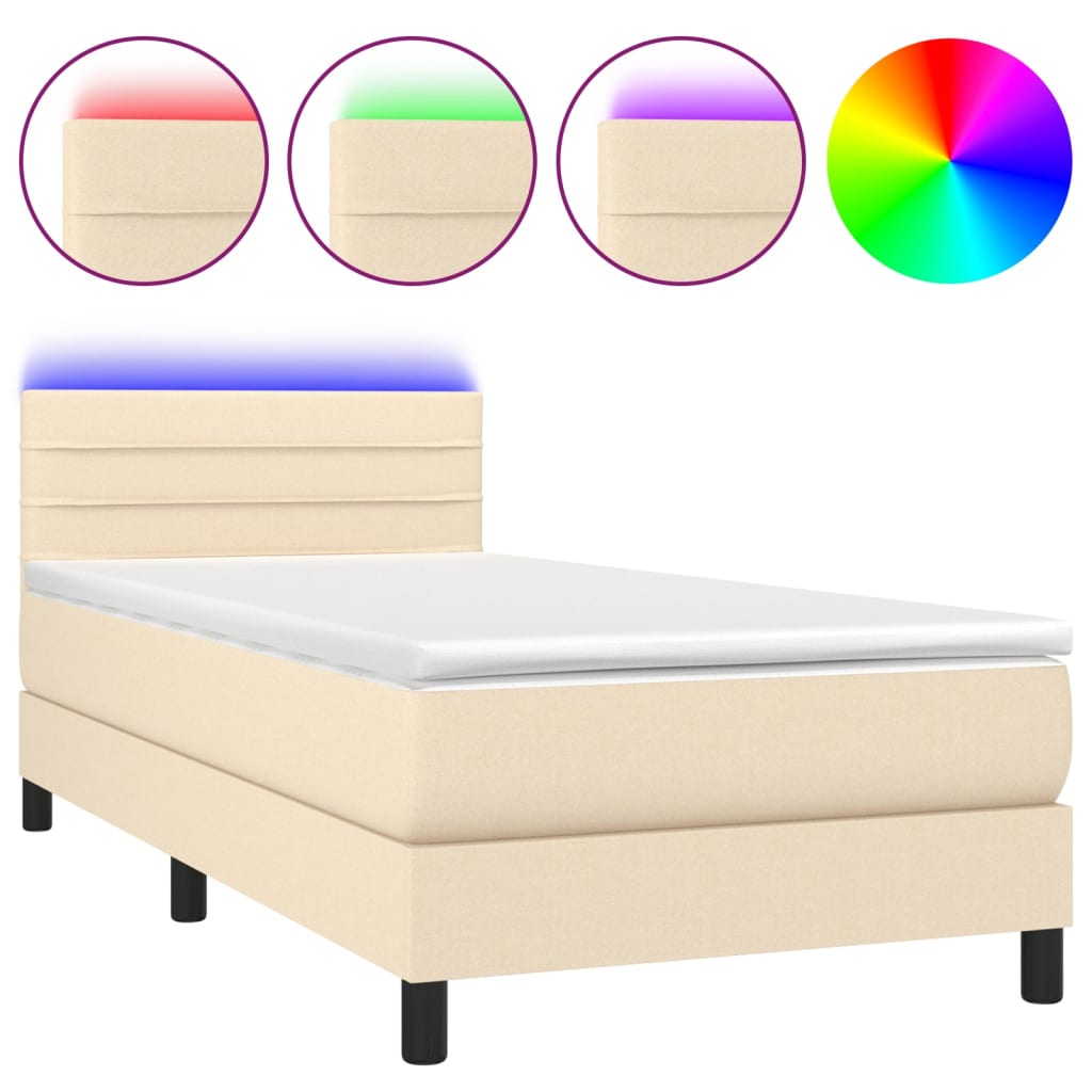 krémszínű szövet rugós és LED-es ágy matraccal 90x200 cm