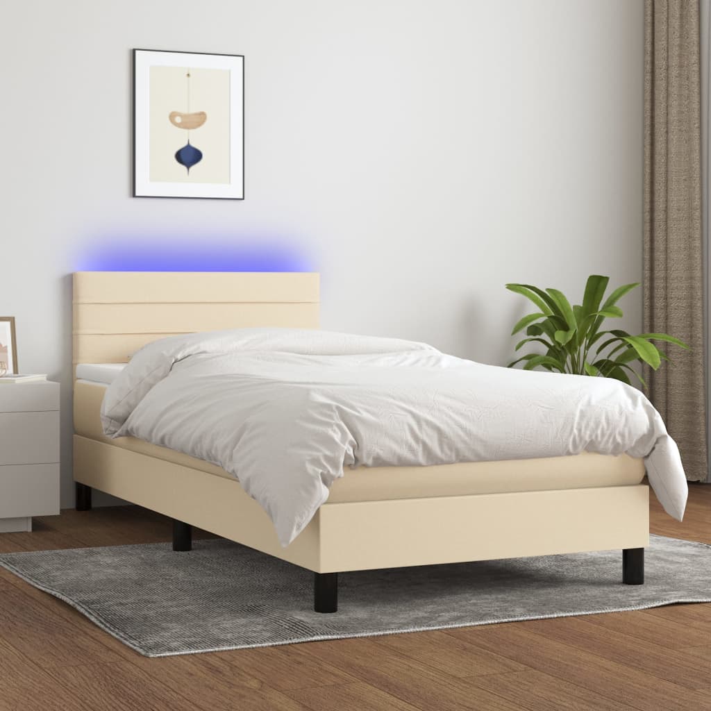 krémszínű szövet rugós és LED-es ágy matraccal 100x200 cm