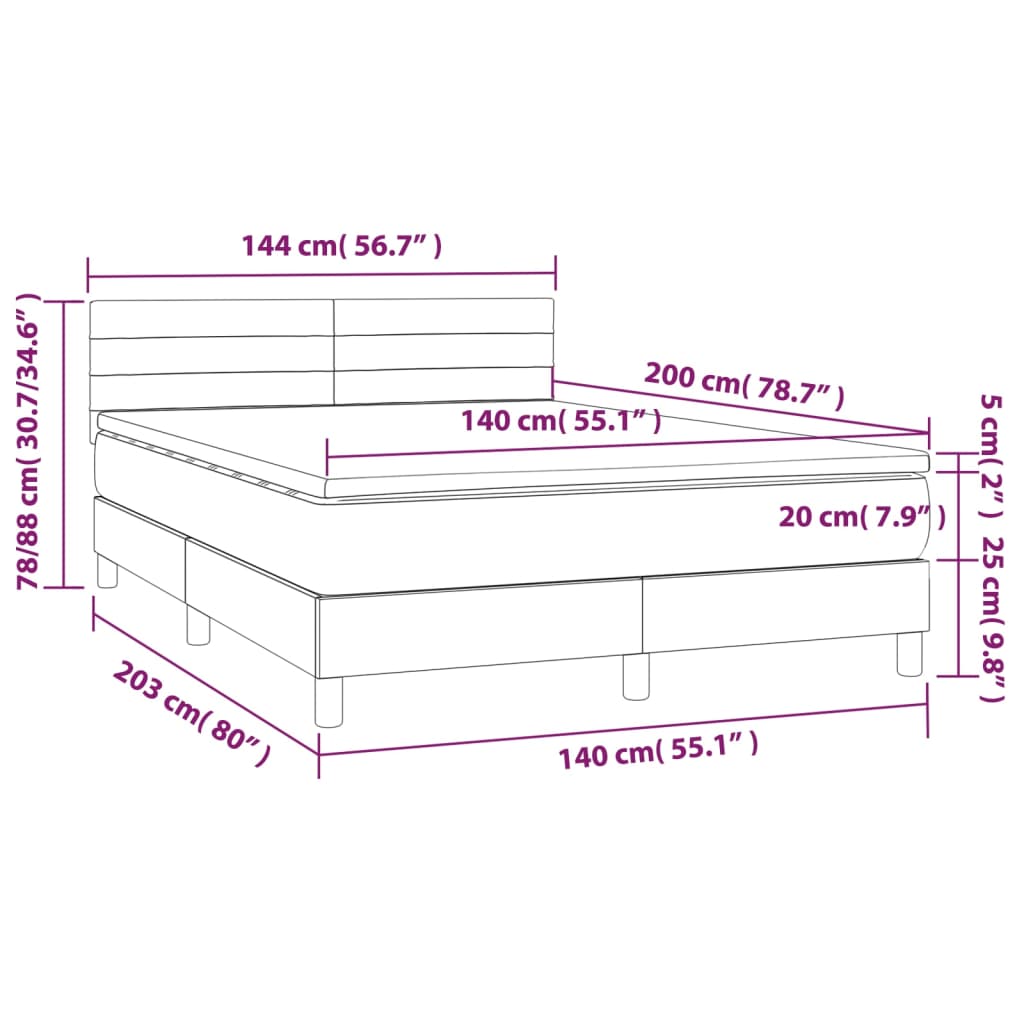 sötétszürke szövet rugós és LED-es ágy matraccal 140x200 cm