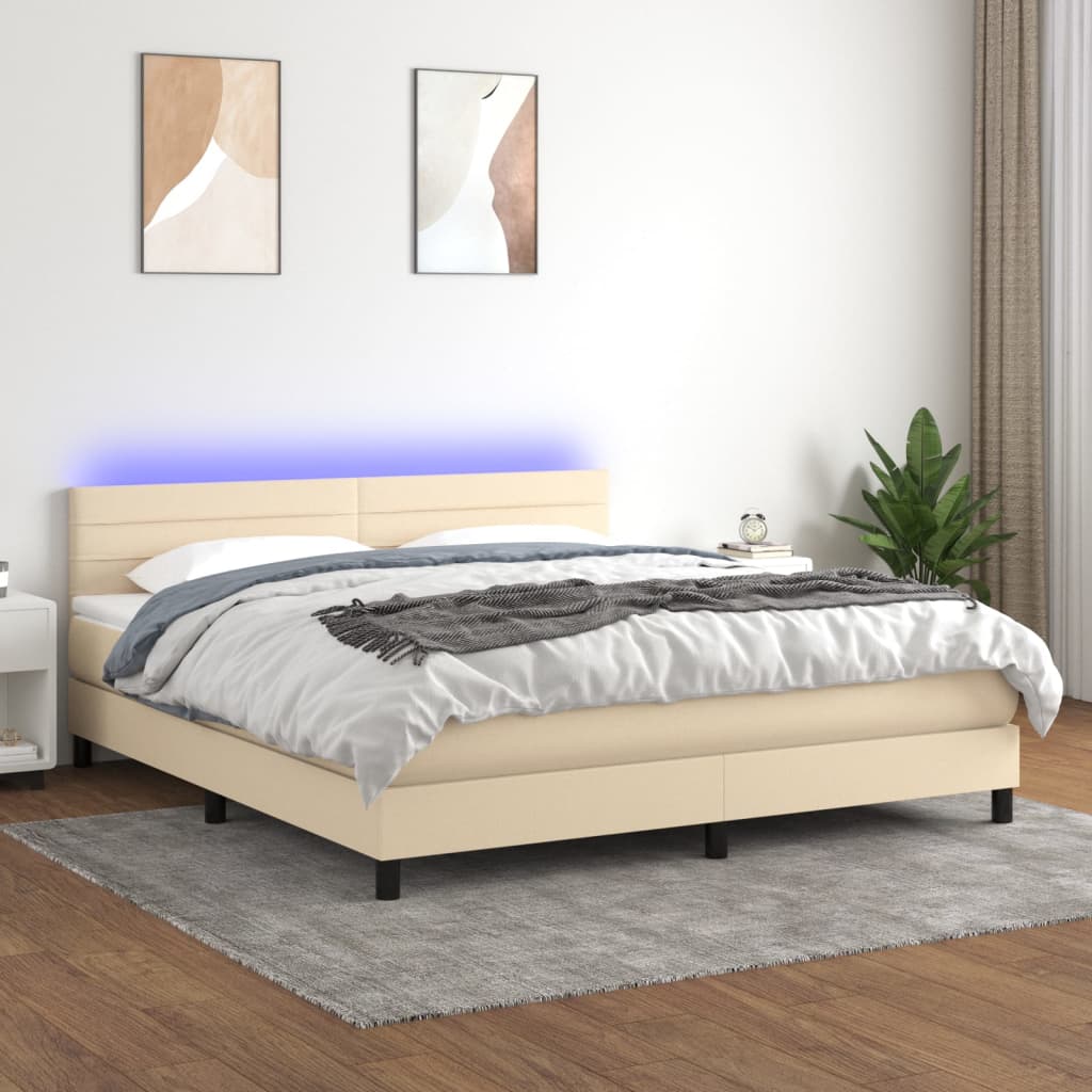 krémszínű szövet rugós és LED-es ágy matraccal 160x200 cm