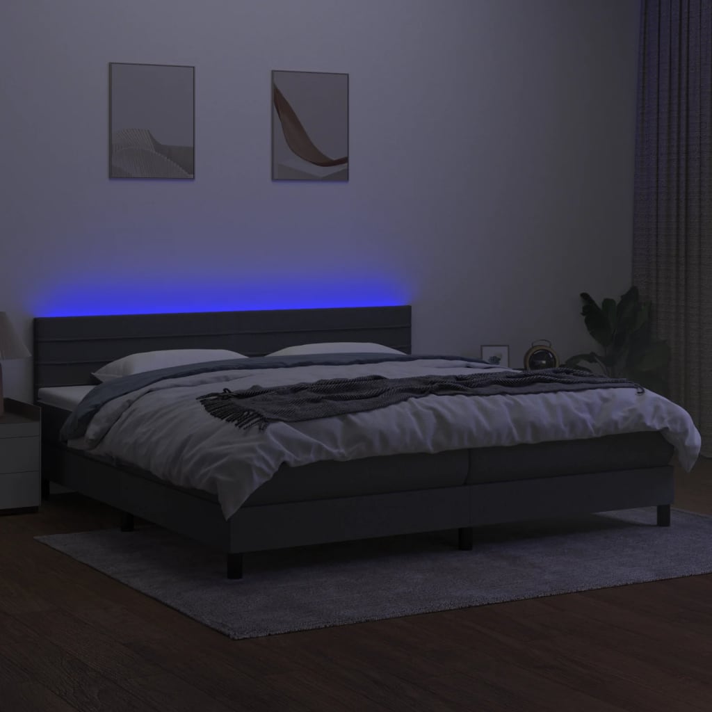 sötétszürke szövet rugós és LED-es ágy matraccal 200x200 cm