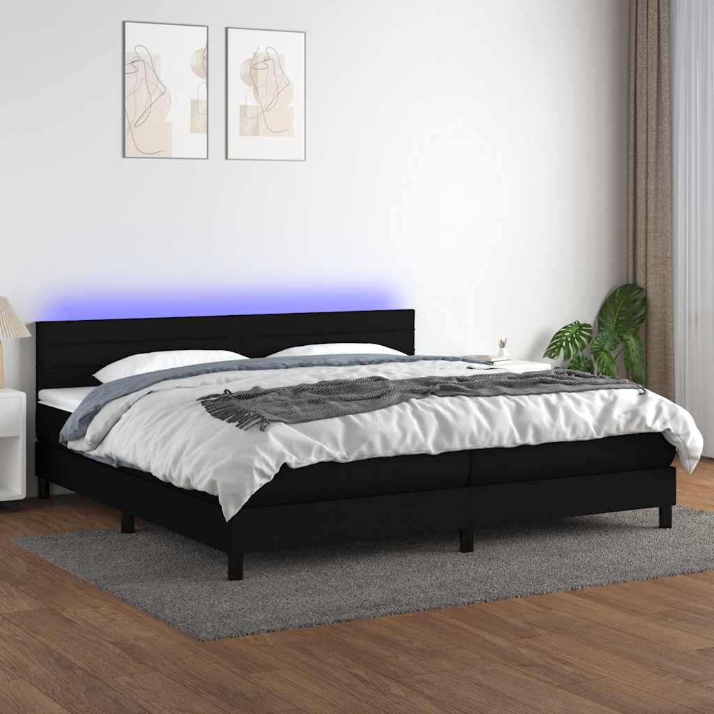 fekete szövet rugós és LED-es ágy matraccal 200x200 cm