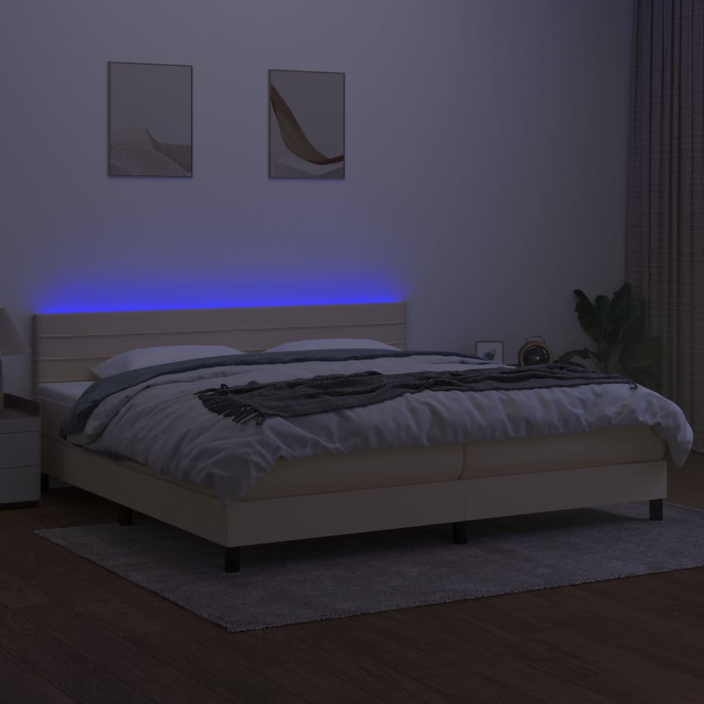 krémszínű szövet rugós és LED-es ágy matraccal 200 x 200 cm