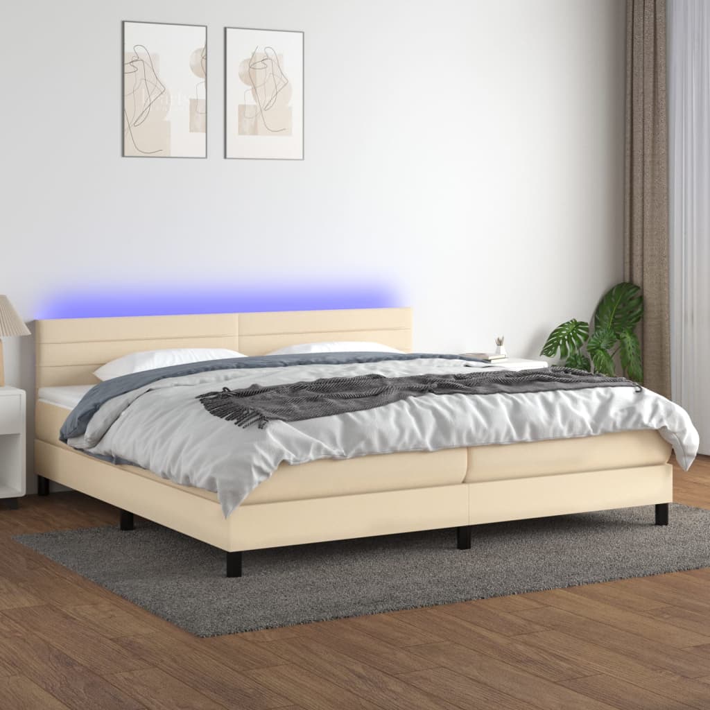 krémszínű szövet rugós és LED-es ágy matraccal 200 x 200 cm