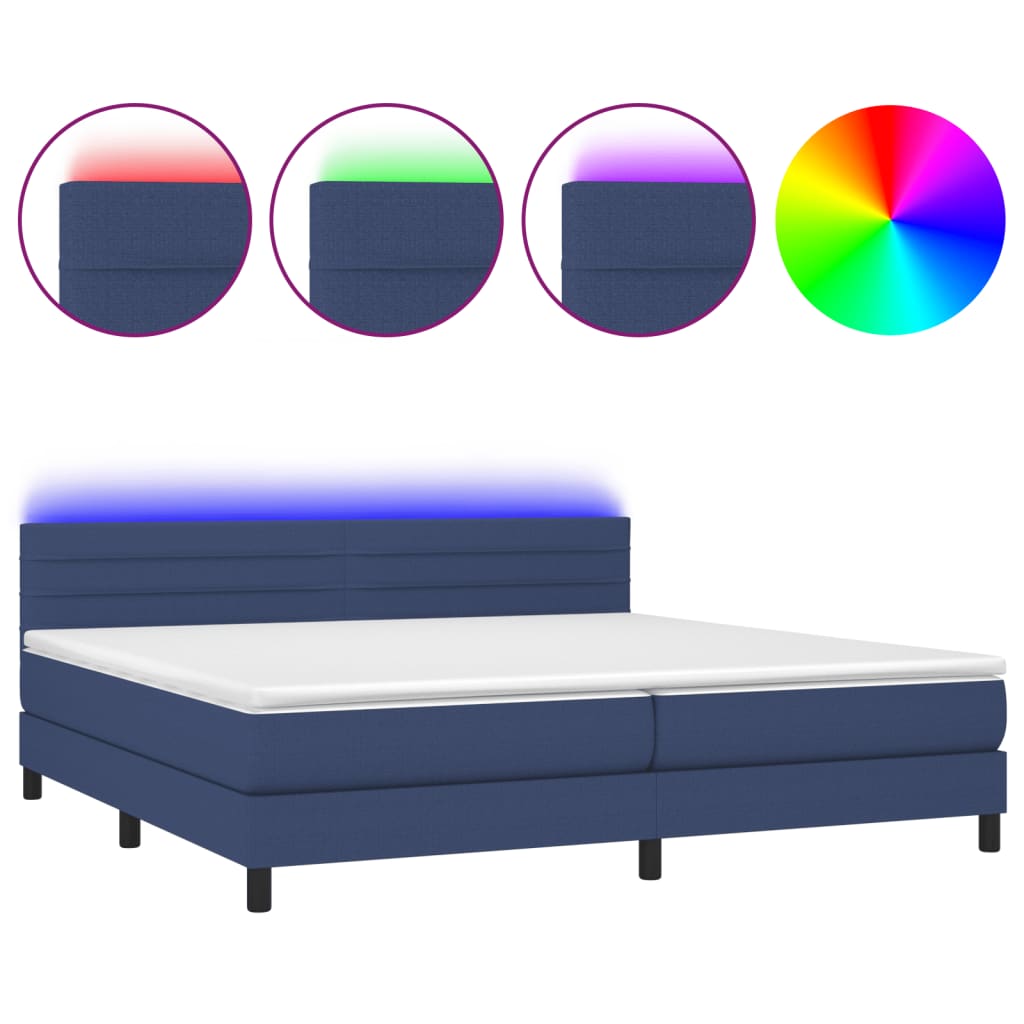 kék szövet rugós és LED-es ágy matraccal 200 x 200 cm