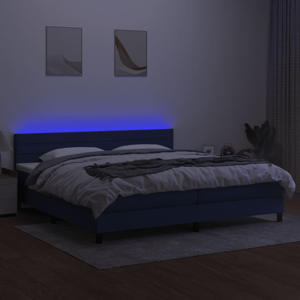 kék szövet rugós és LED-es ágy matraccal 200 x 200 cm