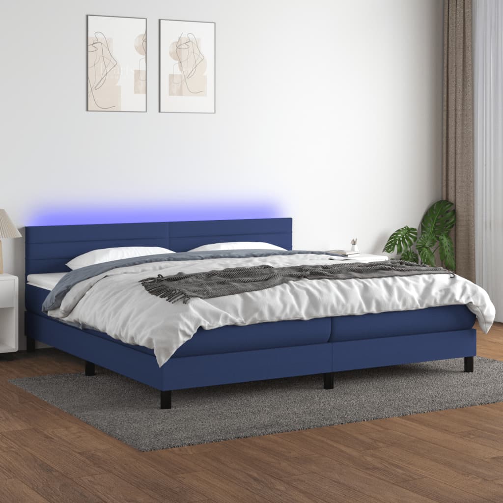 kék szövet rugós és LED-es ágy matraccal 200 x 200 cm