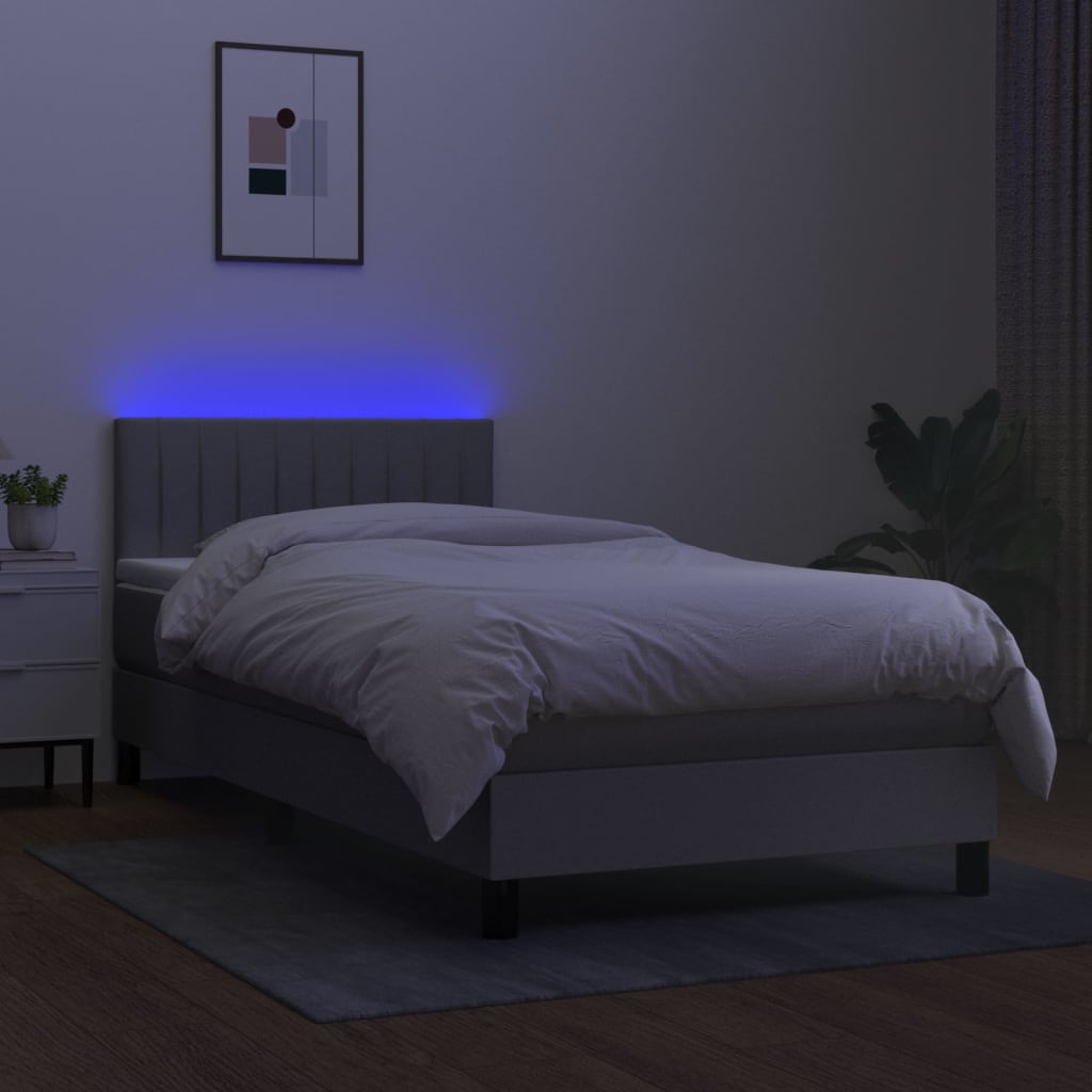 világosszürke szövet rugós és LED-es ágy matraccal 90x190 cm