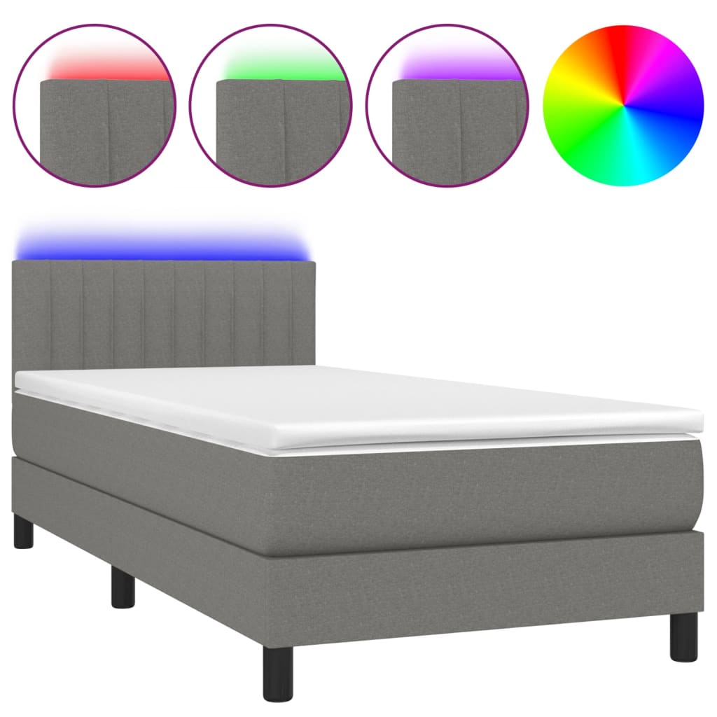 sötétszürke szövet rugós és LED-es ágy matraccal 90x190 cm