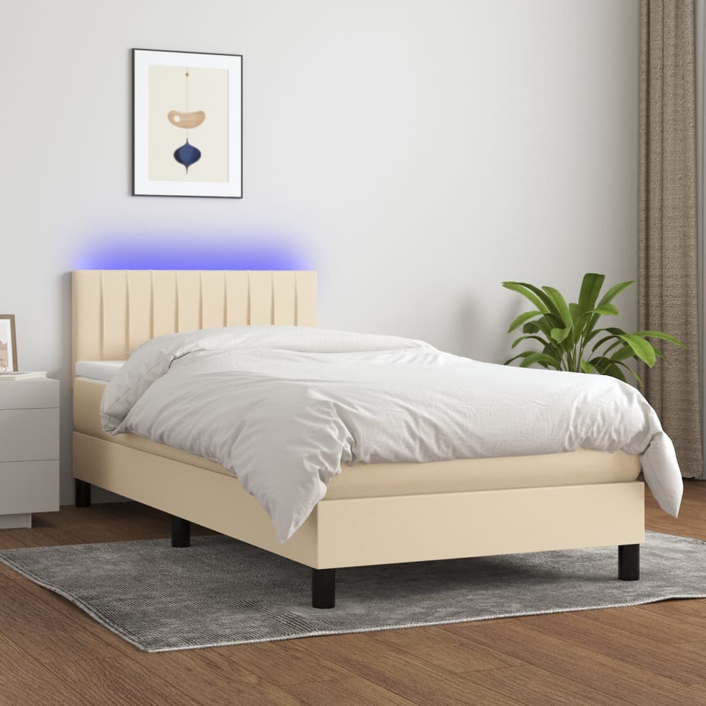 krémszínű szövet rugós és LED-es ágy matraccal 90x190 cm