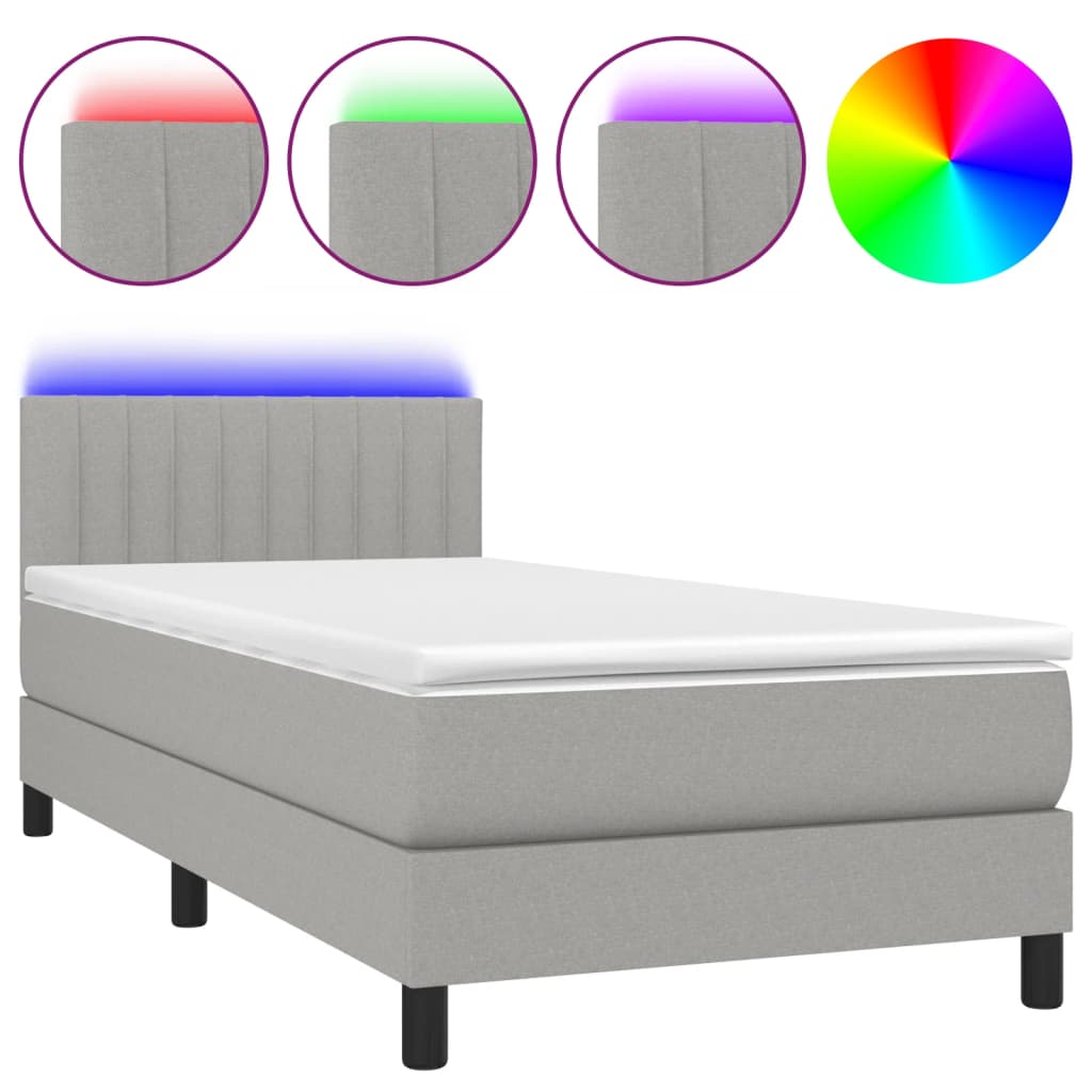 világosszürke szövet rugós és LED-es ágy matraccal 90x200 cm