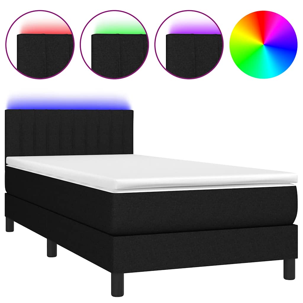 fekete szövet rugós és LED-es ágy matraccal 90x200 cm