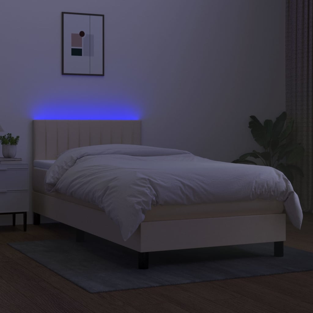 krémszínű szövet rugós és LED-es ágy matraccal 90x200 cm