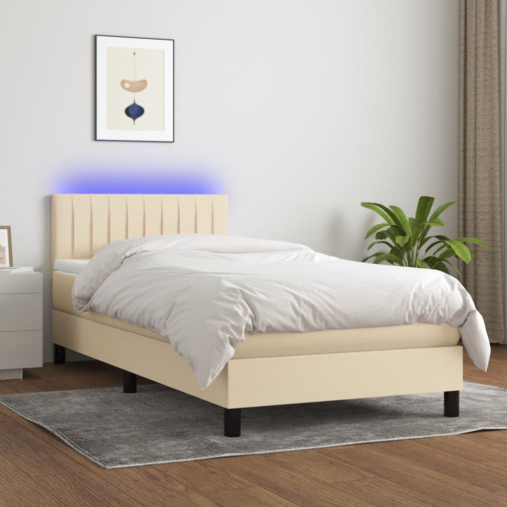 krémszínű szövet rugós és LED-es ágy matraccal 90x200 cm