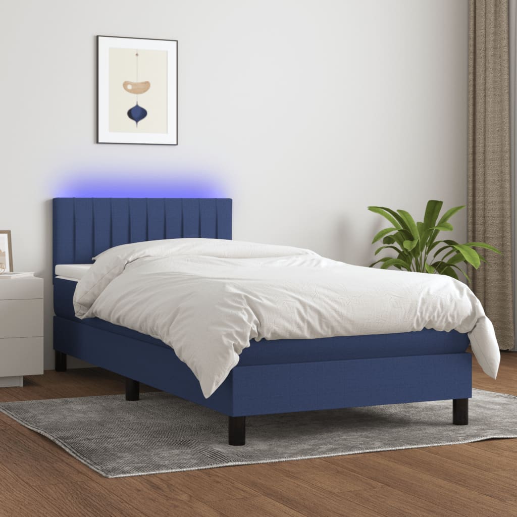 kék szövet rugós és LED-es ágy matraccal 90x200 cm
