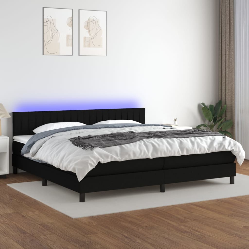 fekete szövet rugós és LED-es ágy matraccal 200x200 cm