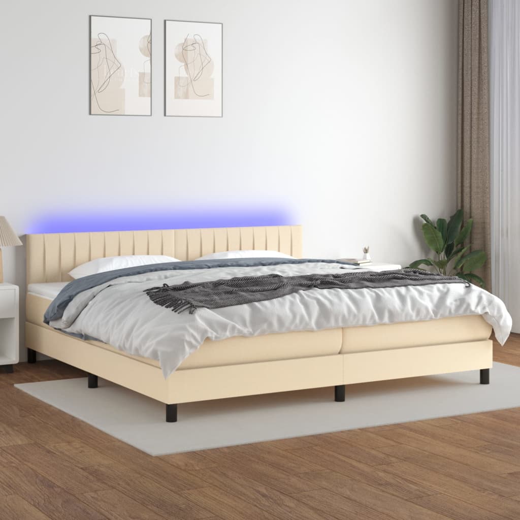 krémszínű szövet rugós és LED-es ágy matraccal 200 x 200 cm