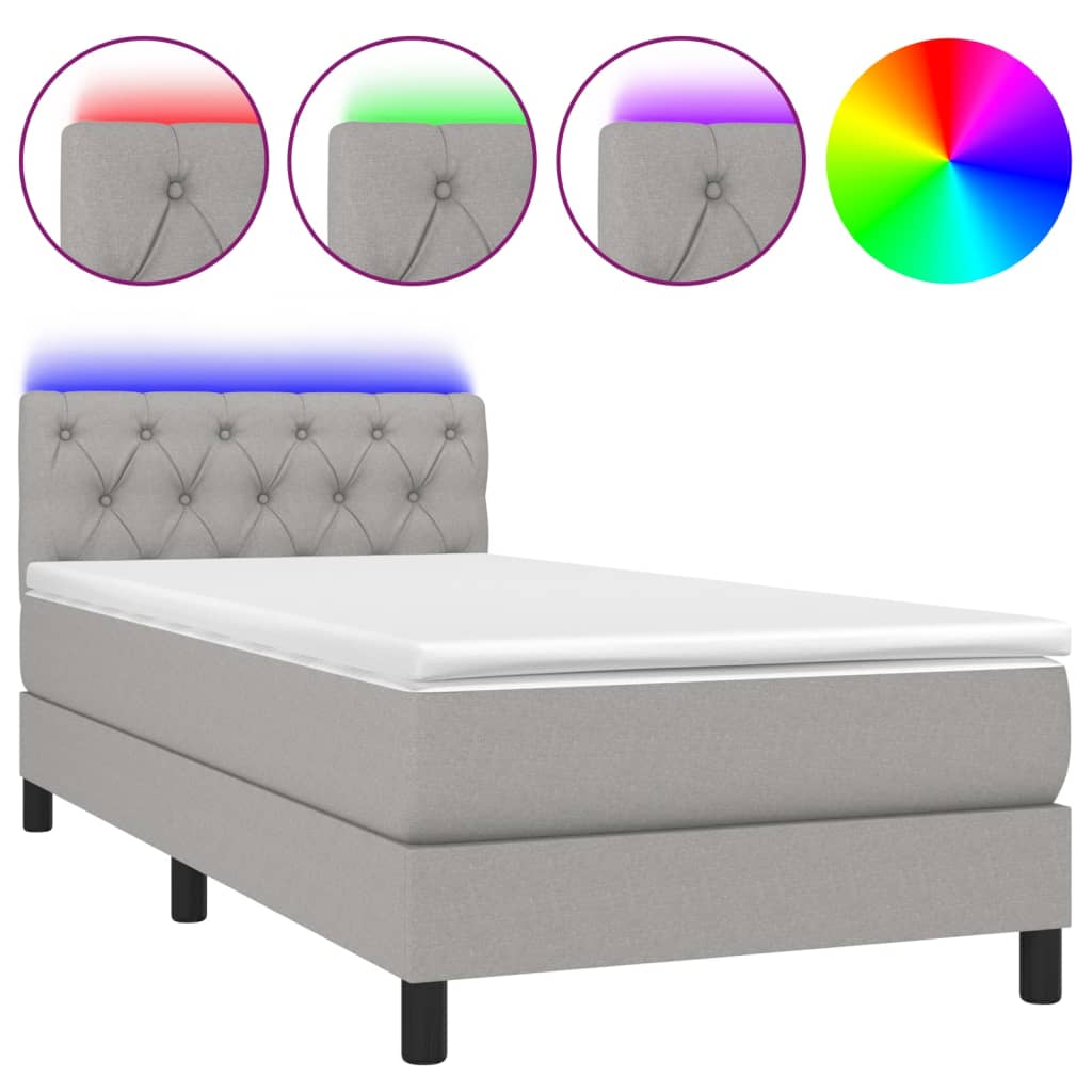 világosszürke szövet rugós és LED-es ágy matraccal 80 x 200 cm