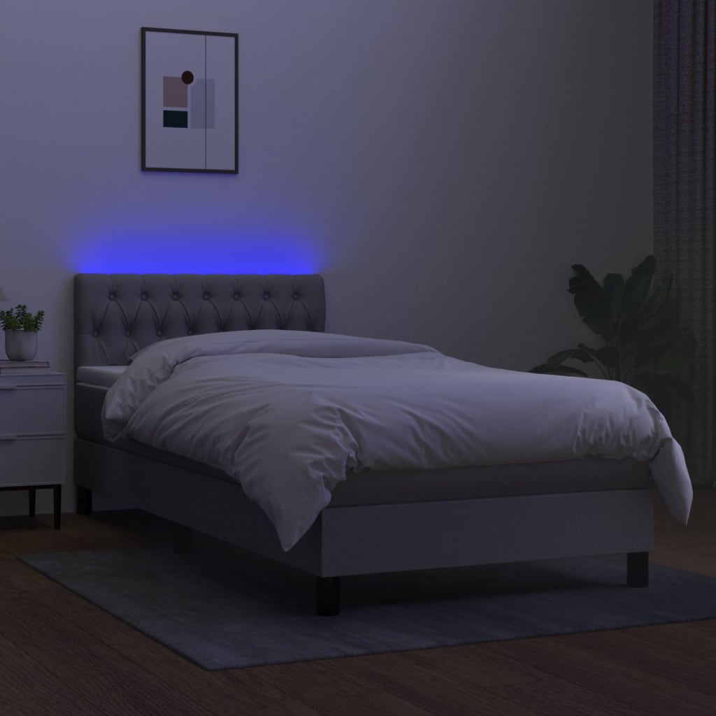 világosszürke szövet rugós és LED-es ágy matraccal 90x190 cm