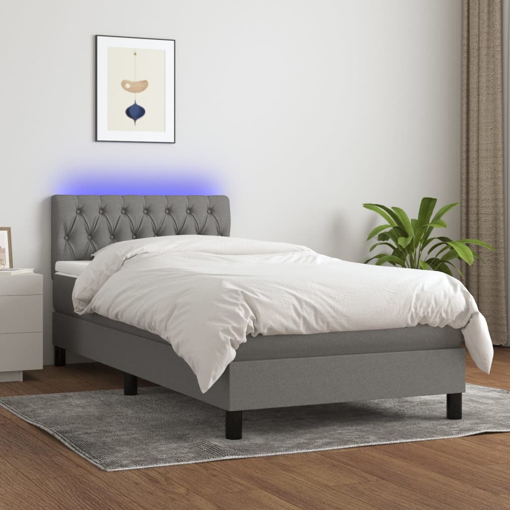 sötétszürke szövet rugós és LED-es ágy matraccal 90x190 cm