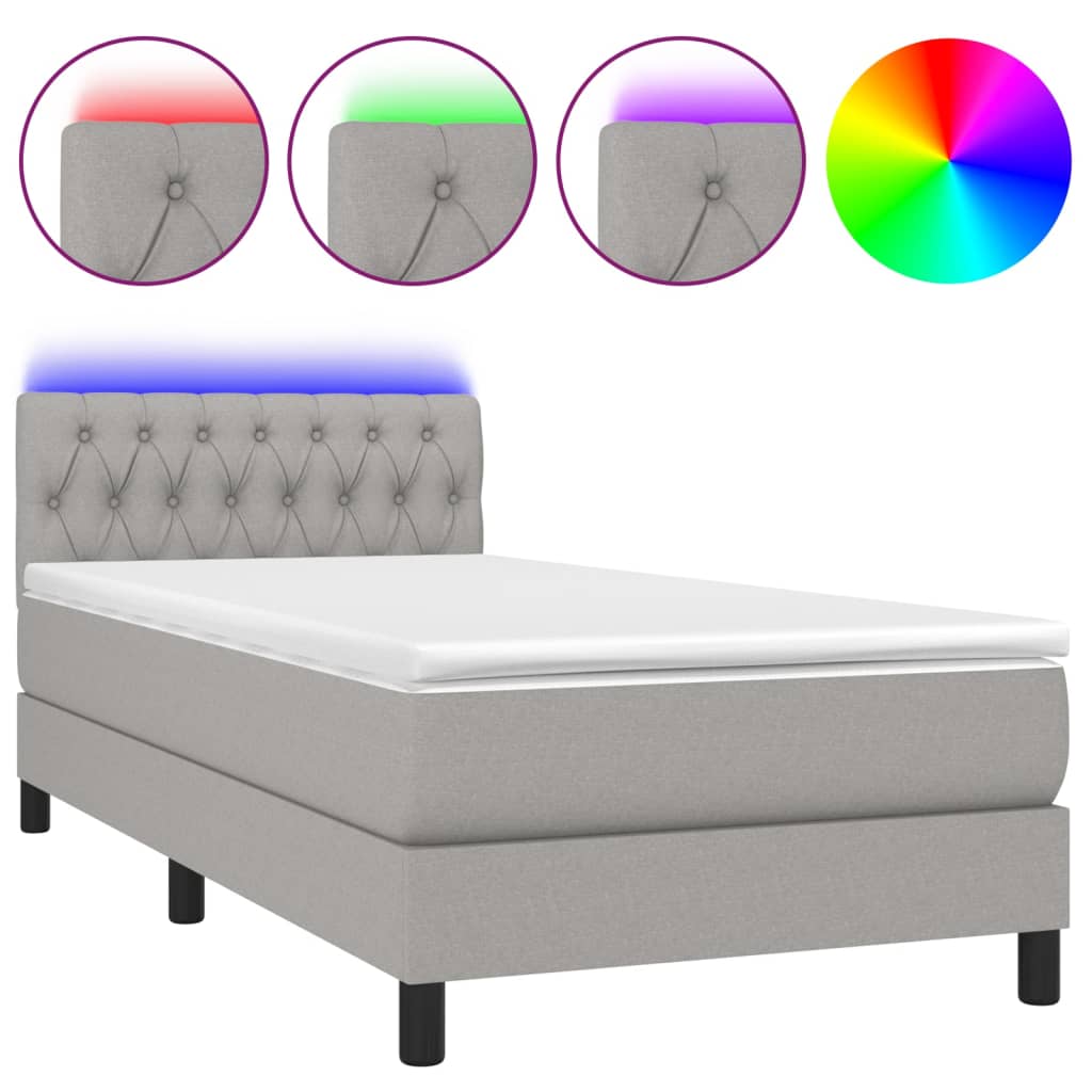 világosszürke szövet rugós és LED-es ágy matraccal 90x200 cm