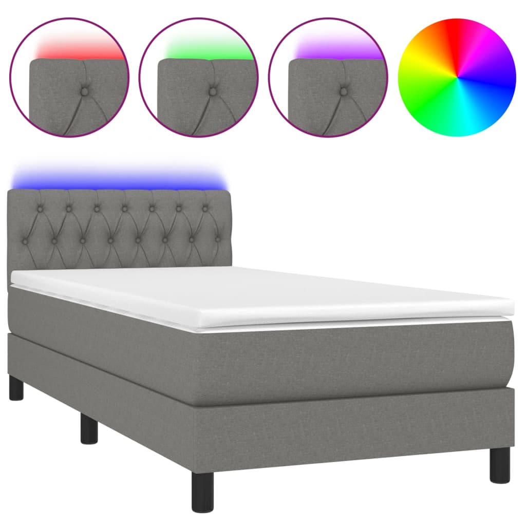 sötétszürke szövet rugós és LED-es ágy matraccal 90x200 cm