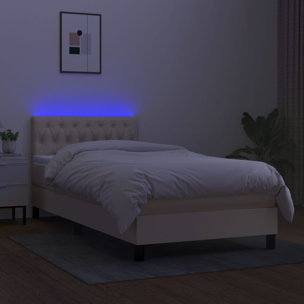krémszínű szövet rugós és LED-es ágy matraccal 90x200 cm