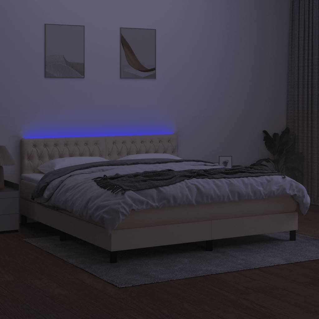krémszínű szövet rugós és LED-es ágy matraccal 160x200 cm