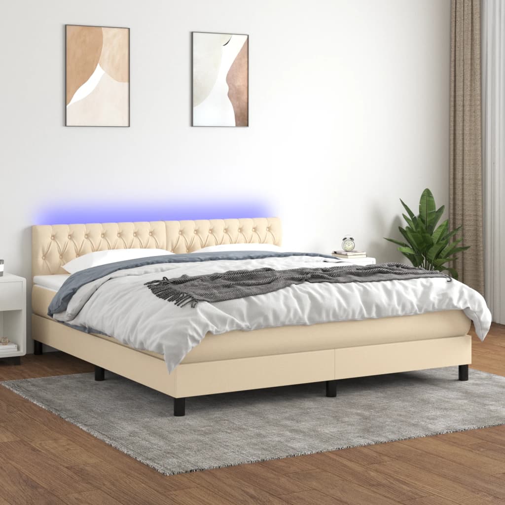 krémszínű szövet rugós és LED-es ágy matraccal 160x200 cm