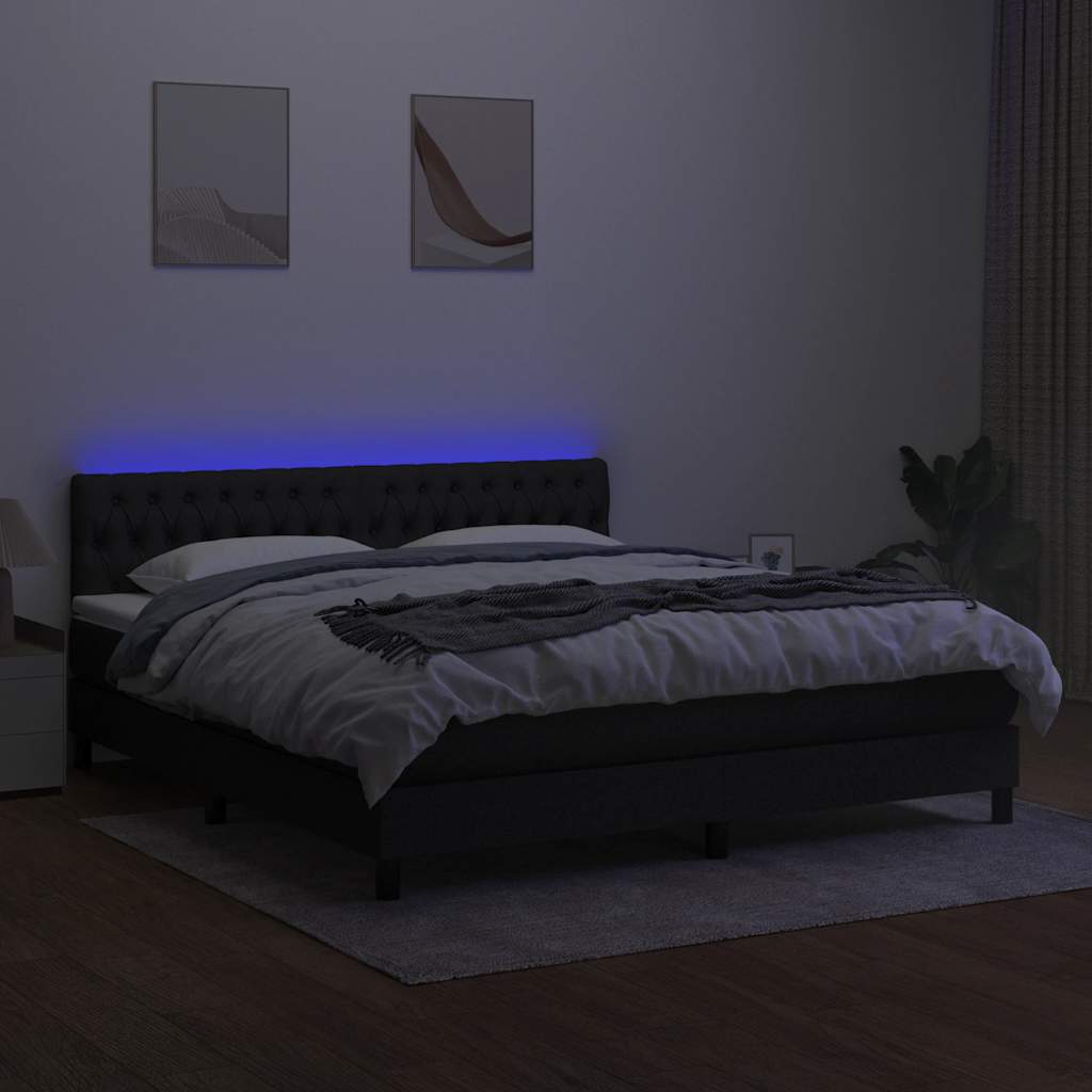 fekete szövet rugós és LED-es ágy matraccal 180 x 200 cm