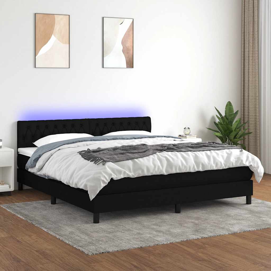 fekete szövet rugós és LED-es ágy matraccal 180 x 200 cm