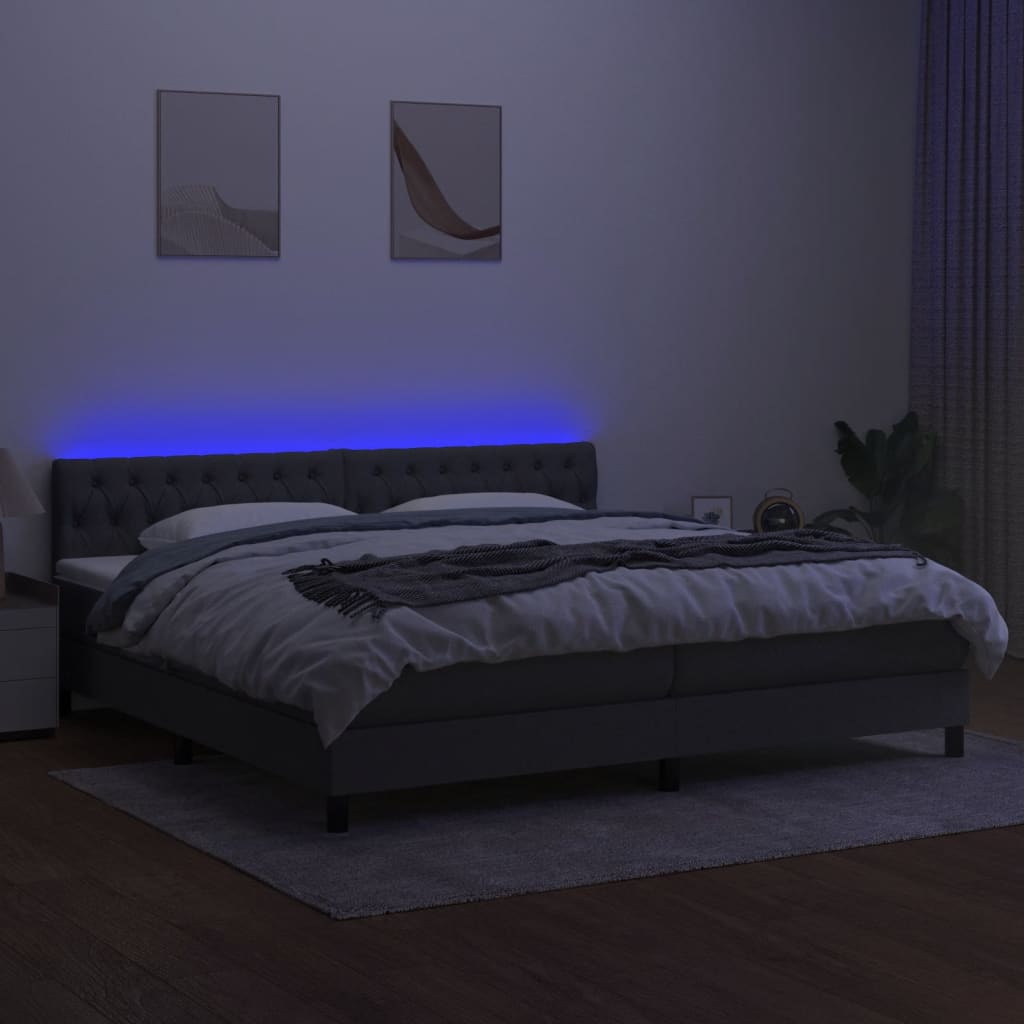 sötétszürke szövet rugós és LED-es ágy matraccal 200x200 cm