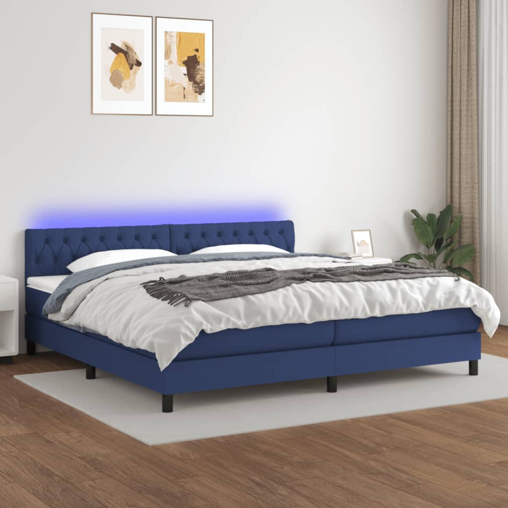 kék szövet rugós és LED-es ágy matraccal 200 x 200 cm