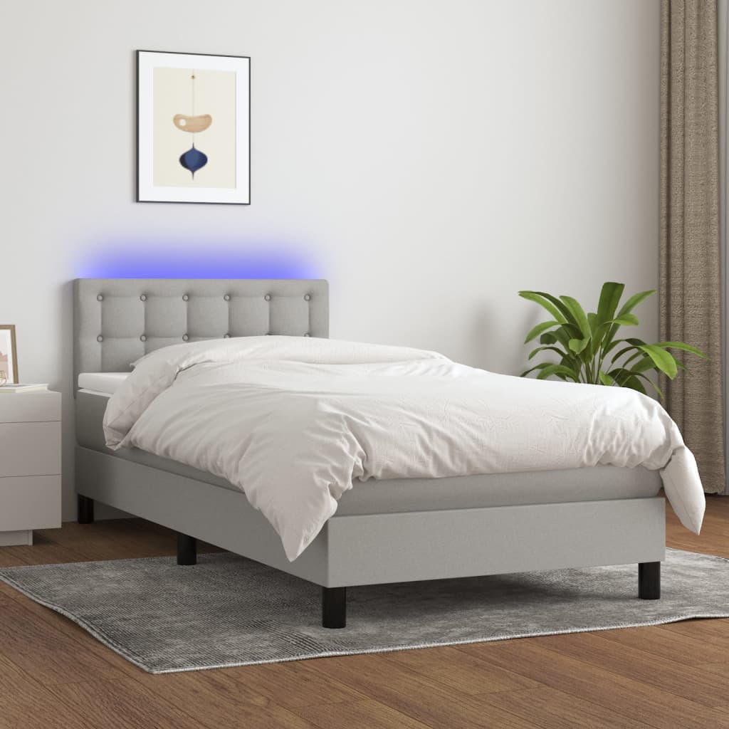 világosszürke szövet rugós és LED-es ágy matraccal 90x190 cm