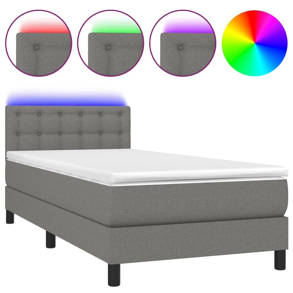 sötétszürke szövet rugós és LED-es ágy matraccal 90x200 cm