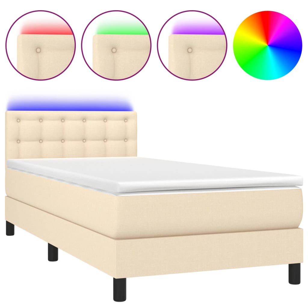 krémszínű szövet rugós és LED-es ágy matraccal 90x200 cm