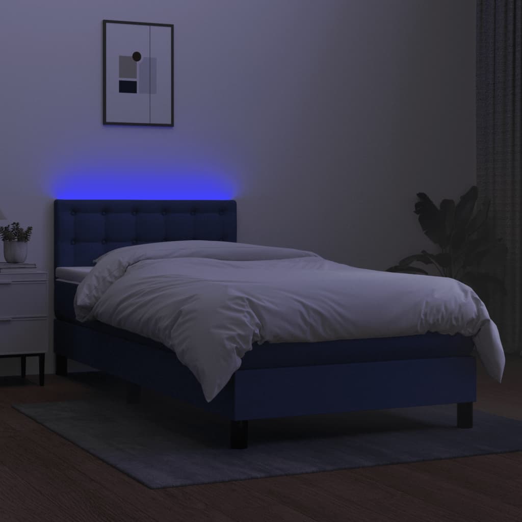 kék szövet rugós és LED-es ágy matraccal 90x200 cm