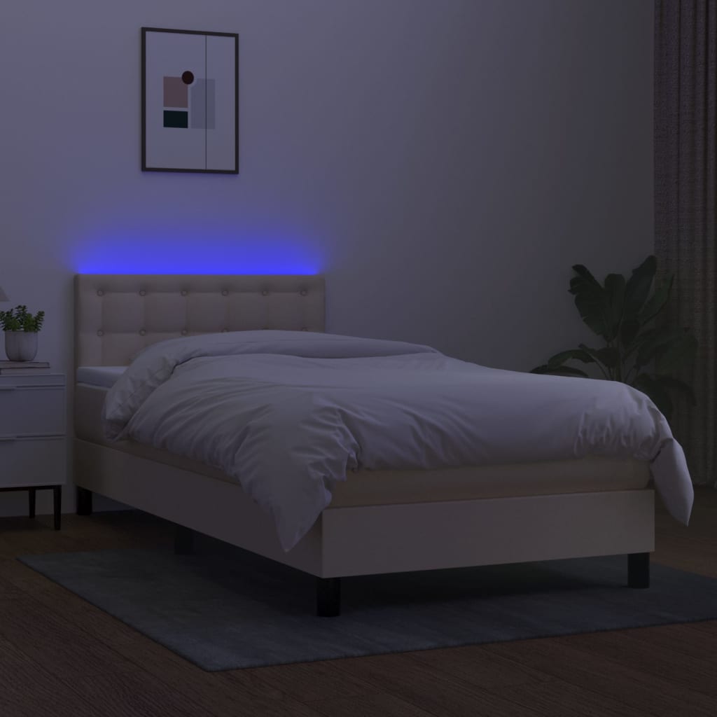krémszínű szövet rugós és LED-es ágy matraccal 100x200 cm