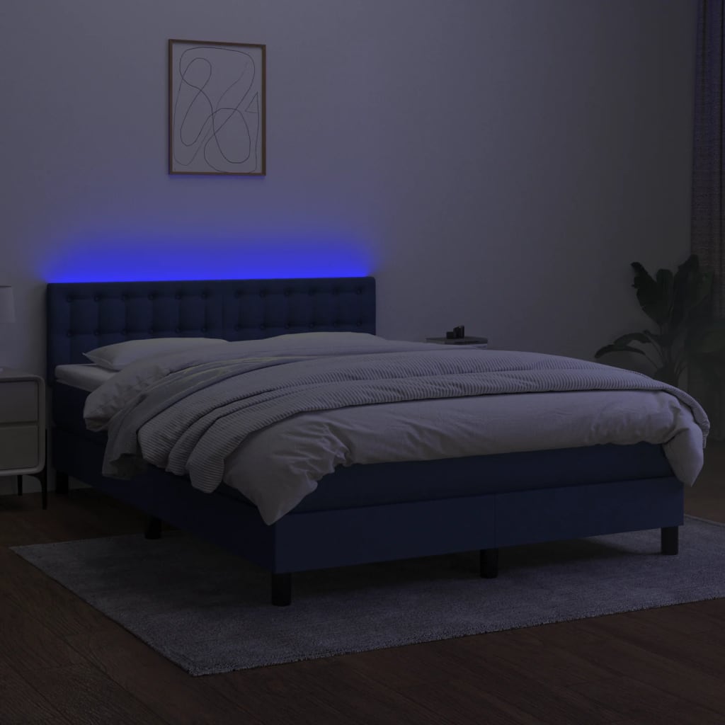 kék szövet rugós és LED-es ágy matraccal 140x200 cm