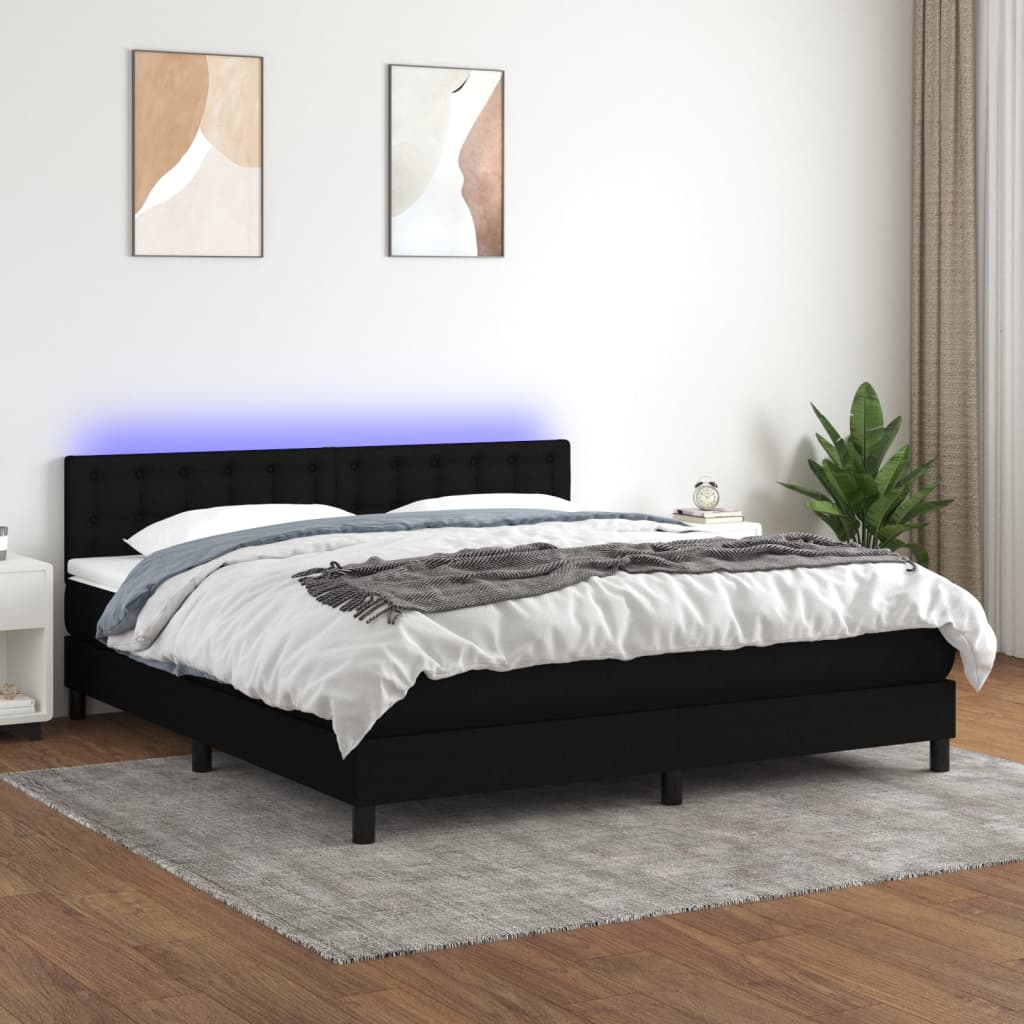 fekete szövet rugós és LED-es ágy matraccal 160x200 cm