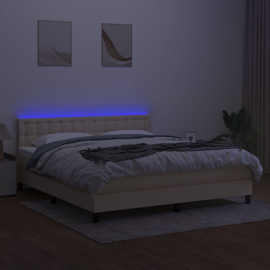 krémszínű szövet rugós és LED-es ágy matraccal 160x200 cm