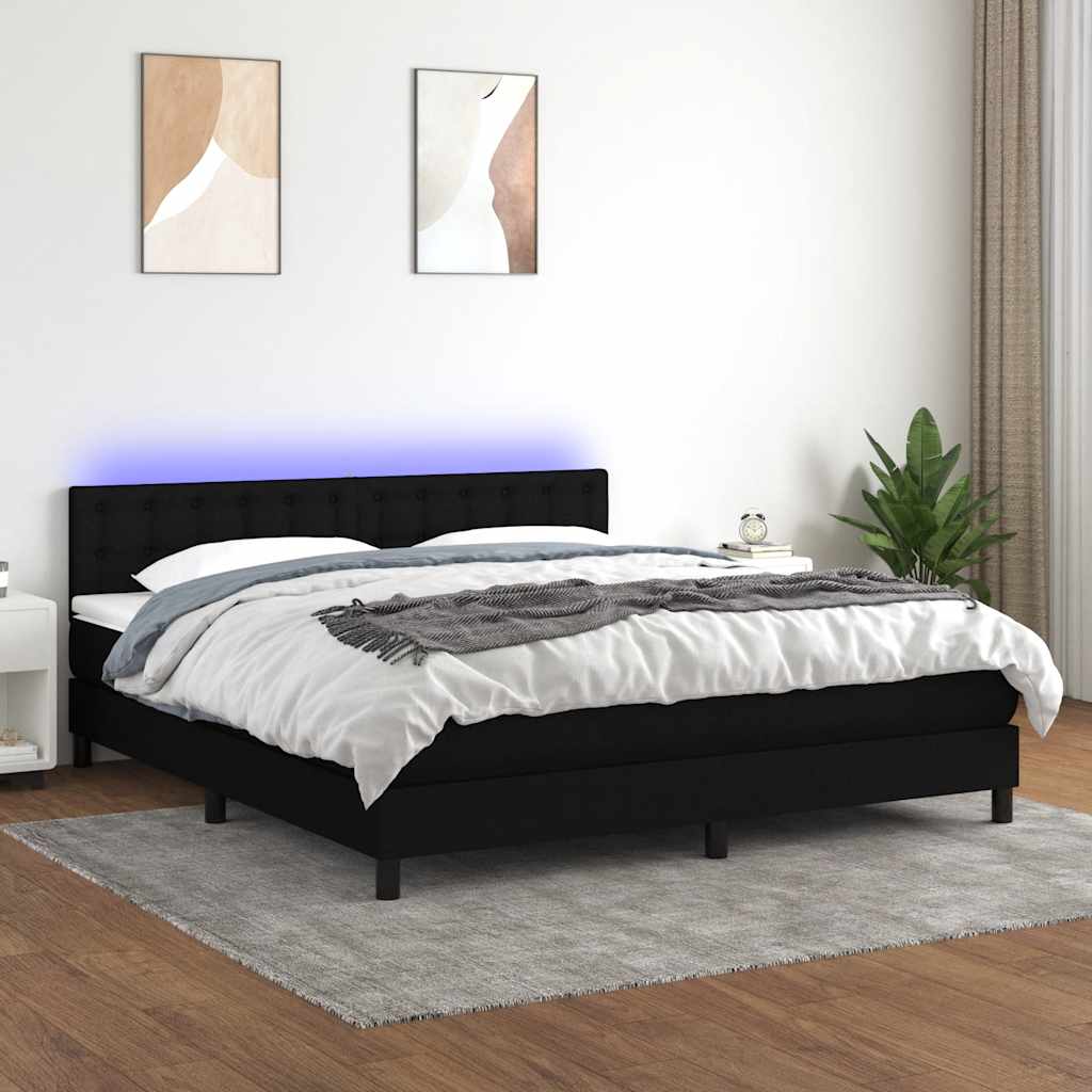 fekete szövet rugós és LED-es ágy matraccal 180 x 200 cm